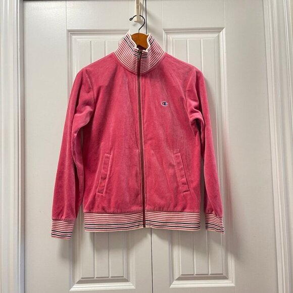 Vintage Champion Plush Velour Zip-Up Track Jacket Pink - Picture 3 of 12